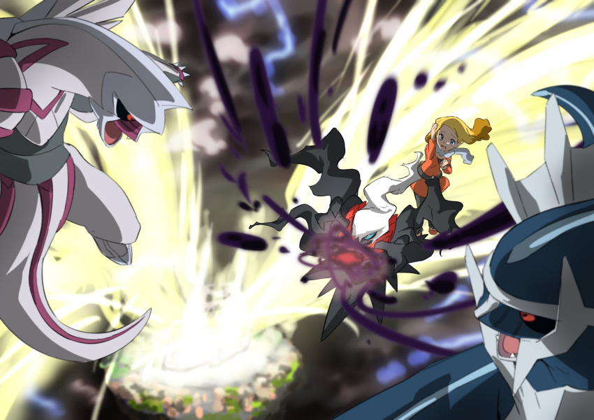 1girl alice_(pokemon) black_sclera blonde_hair blue_eyes claws colored_sclera commentary_request darkrai dialga dress energy energy_ball eyelashes floating_hair highres long_hair long_sleeves multicolored_hair open_mouth orange_dress orange_footwear palkia pokemon pokemon:_the_rise_of_darkrai pokemon_(anime) pokemon_(creature) pokemon_dppt_(anime) red_eyes shoes two-tone_hair yusuke_oshida