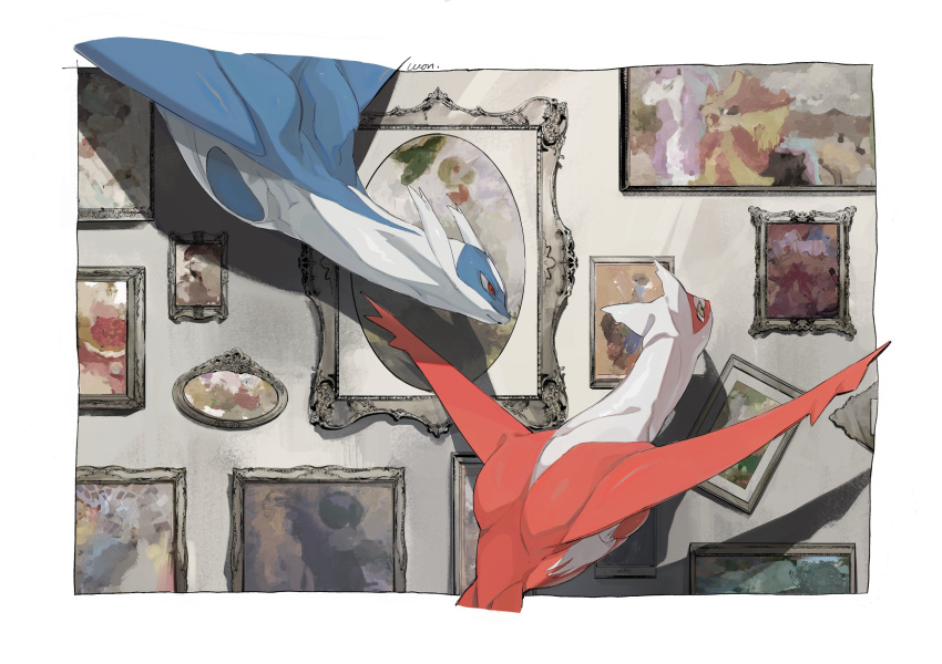 absurdres border closed_mouth commentary_request highres l_1753ucon latias latios looking_up no_humans painting_(object) pokemon pokemon_(creature) red_eyes signature white_border yellow_eyes