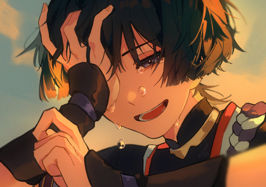 1boy bishounen black_hair covering_eyes crying crying_with_eyes_open genshin_impact hand_guard highres inertraccoon male_focus one_eye_covered open_mouth scaramouche_(genshin_impact) short_hair solo tears upper_body violet_eyes