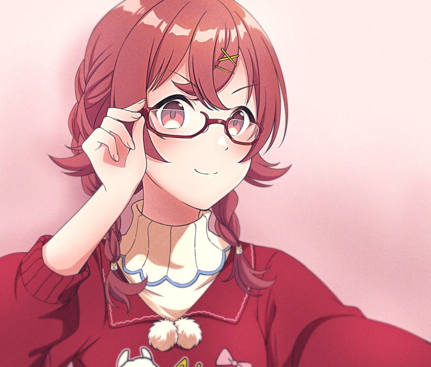 1girl adjusting_eyewear alternate_hairstyle bangs blush braid commentary_request dog_hair_ornament doyagao glasses gradient gradient_background hair_between_eyes hair_flaps hair_ornament hairclip highres idolmaster idolmaster_shiny_colors komiya_kaho kotobuki_haruki long_sleeves looking_at_viewer medium_hair pom_pom_(clothes) print_sweater red-framed_eyewear red_eyes red_sweater redhead semi-rimless_eyewear smile smug solo sweater turtleneck upper_body v-shaped_eyebrows