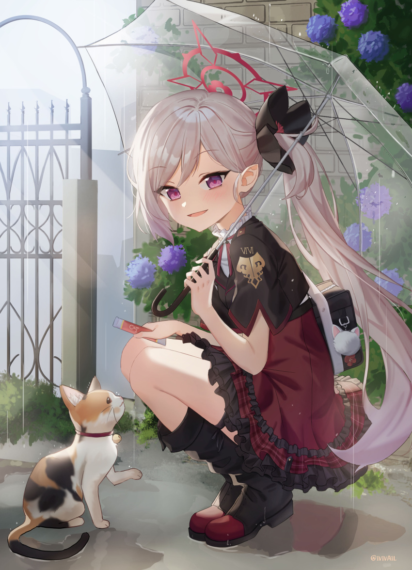1girl absurdres bag bangs bell black_bag black_flower blue_archive boots cat collar eve_rochet flower frilled_skirt frills grey_hair hair_flower hair_ornament hair_scrunchie halo highres holding holding_umbrella keychain looking_at_viewer mutsuki_(blue_archive) neck_ribbon open_mouth outdoors plaid plaid_skirt pointy_ears puddle rain red_collar red_eyes red_skirt ribbon scrunchie side_ponytail skirt transparent transparent_umbrella umbrella violet_eyes white_hair wide_sleeves