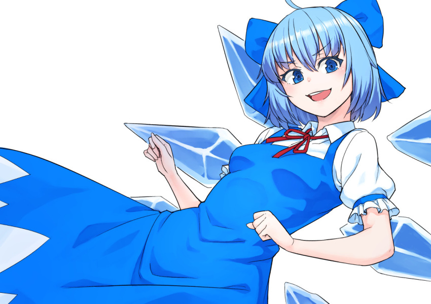 1girl :d blue_bow blue_dress blue_eyes blue_hair bow breasts cirno dress hair_bow kakone open_mouth puffy_short_sleeves puffy_sleeves short_sleeves simple_background small_breasts smile solo touhou white_background wings