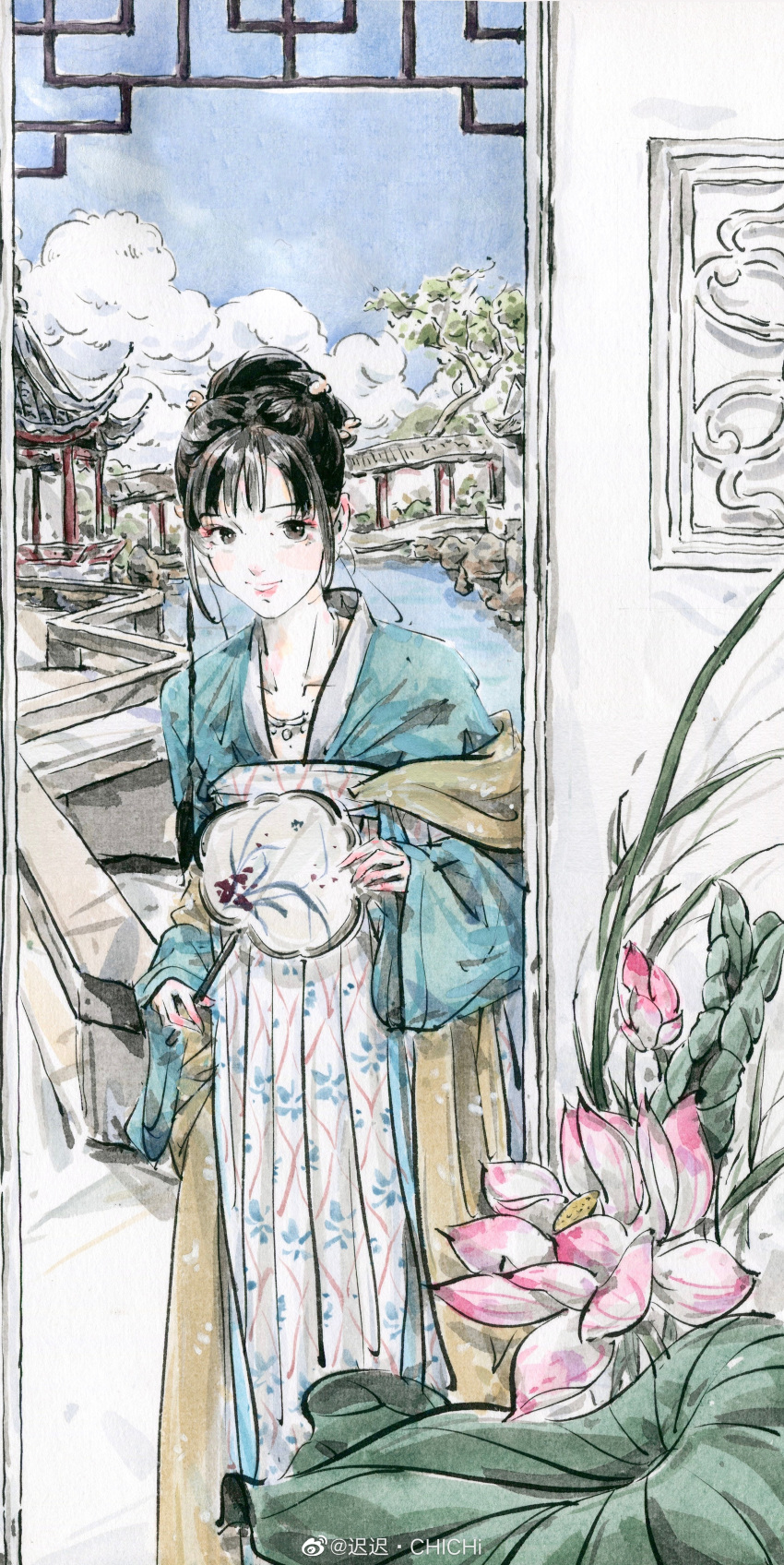 1girl absurdres architecture black_hair blue_sky braid bridge chichi_chichi chinese_clothes clouds east_asian_architecture hair_bun hand_fan hanfu highres holding holding_fan open_door open_mouth original rooftop sketch sky solo teeth wall