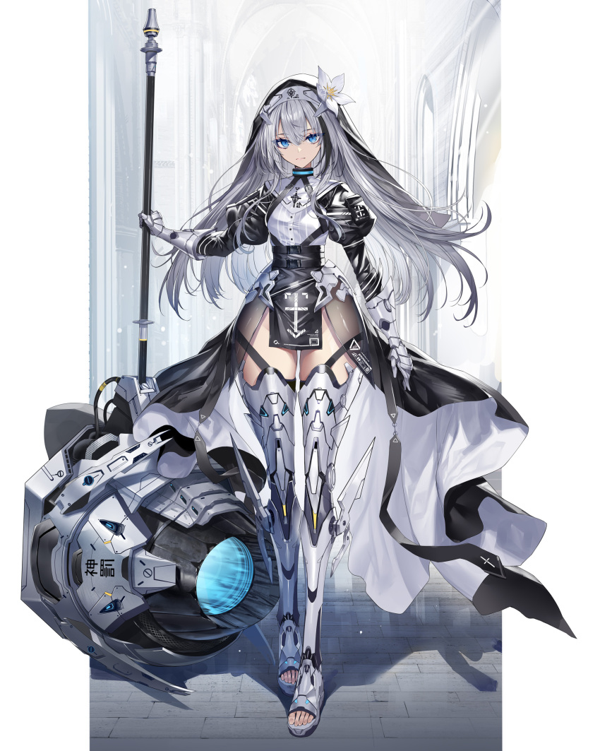 1girl absurdres armor armored_dress bangs blue_eyes breasts cleric engine engineer flower hair_flower hair_ornament headdress heirou highres nun original small_breasts solo thick_thighs thigh-highs thighs white_hair white_thighhighs