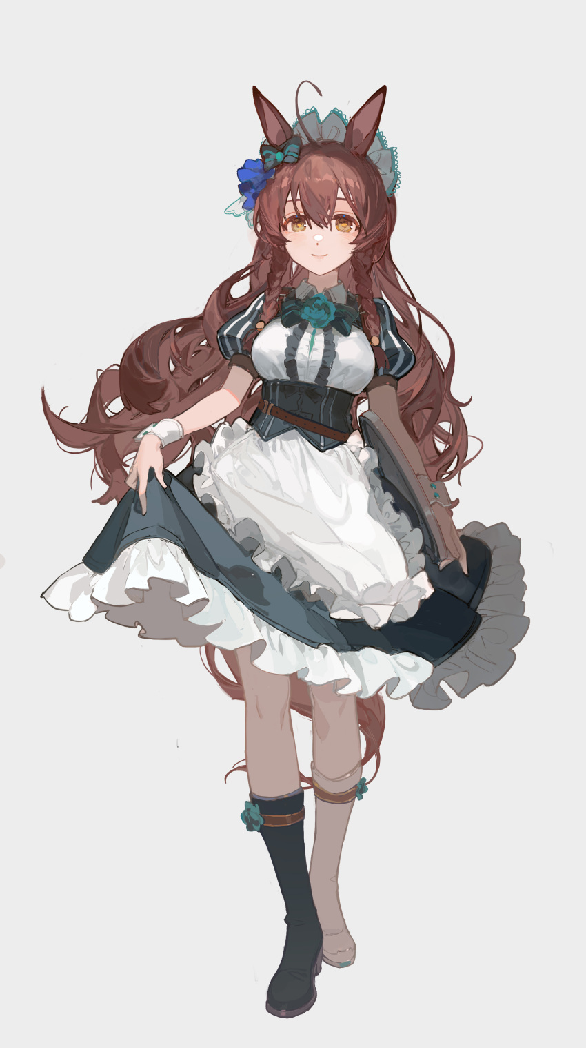 1girl absurdres ahoge alternate_costume animal_ears apron asymmetrical_footwear bangs boots bow bowtie braid breasts brown_hair center_frills ciloranko closed_mouth collared_shirt corset ear_bow frills full_body green_skirt grey_background highres holding holding_tray horse_ears lips long_hair looking_at_viewer maid maid_headdress medium_breasts mejiro_bright_(umamusume) puffy_short_sleeves puffy_sleeves shirt short_sleeves simple_background skirt skirt_hold smile solo tray umamusume upper_body waist_apron wrist_cuffs yellow_eyes