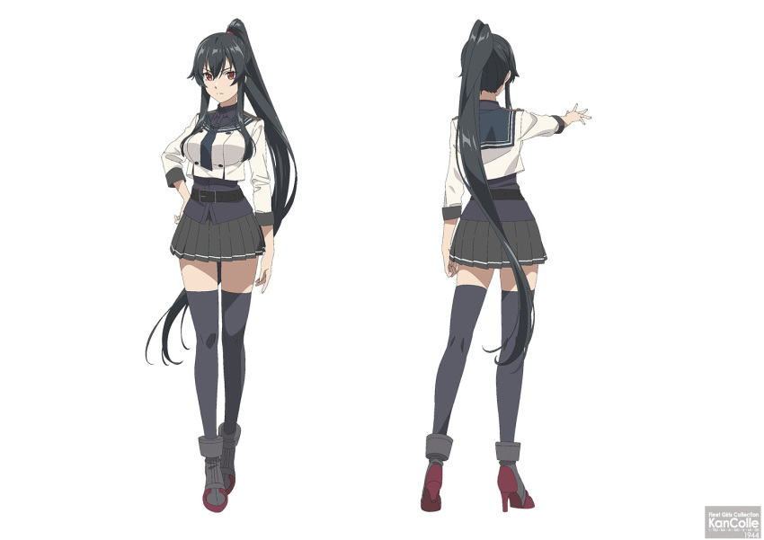 1girl bare_shoulders black_hair blush breasts detached_sleeves eyebrows_visible_through_hair floral_print gradient gradient_background hair_ornament hair_ribbon high_ponytail highres kantai_collection large_breasts nontraditional_miko official_art ponytail red_eyes remodel_(kantai_collection) ribbon short_hair signature solo upper_body wide_sleeves yahagi_(kancolle) yahagi_(kantai_collection) yahagi_kai_ni_(kancolle)