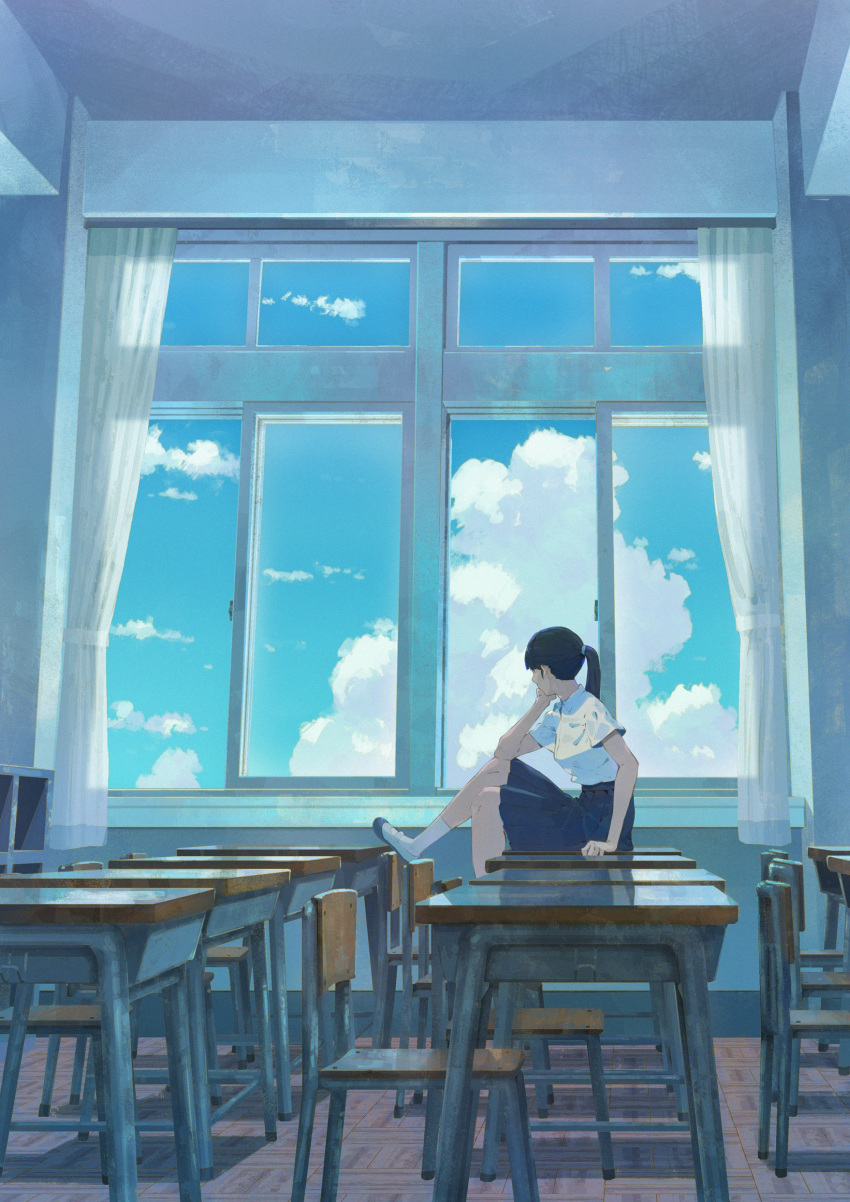 1girl absurdres black_hair black_skirt blue_sky chair classroom clouds commentary_request curtains day desk highres indoors long_hair original pinoj0214 ponytail scenery school_chair school_desk school_uniform short_sleeves sitting skirt sky solo white_hair window