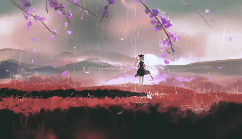 1girl absurdres black_headwear black_skirt black_vest branch cherry_blossoms chinese_commentary commentary facing_away flower green_hair gu_yue_yuan hat hat_ribbon highres mountainous_horizon petals rain red_flower red_ribbon ribbon scenery shiki_eiki shirt short_hair skirt solo spider_lily touhou vest white_ribbon white_shirt wide_shot