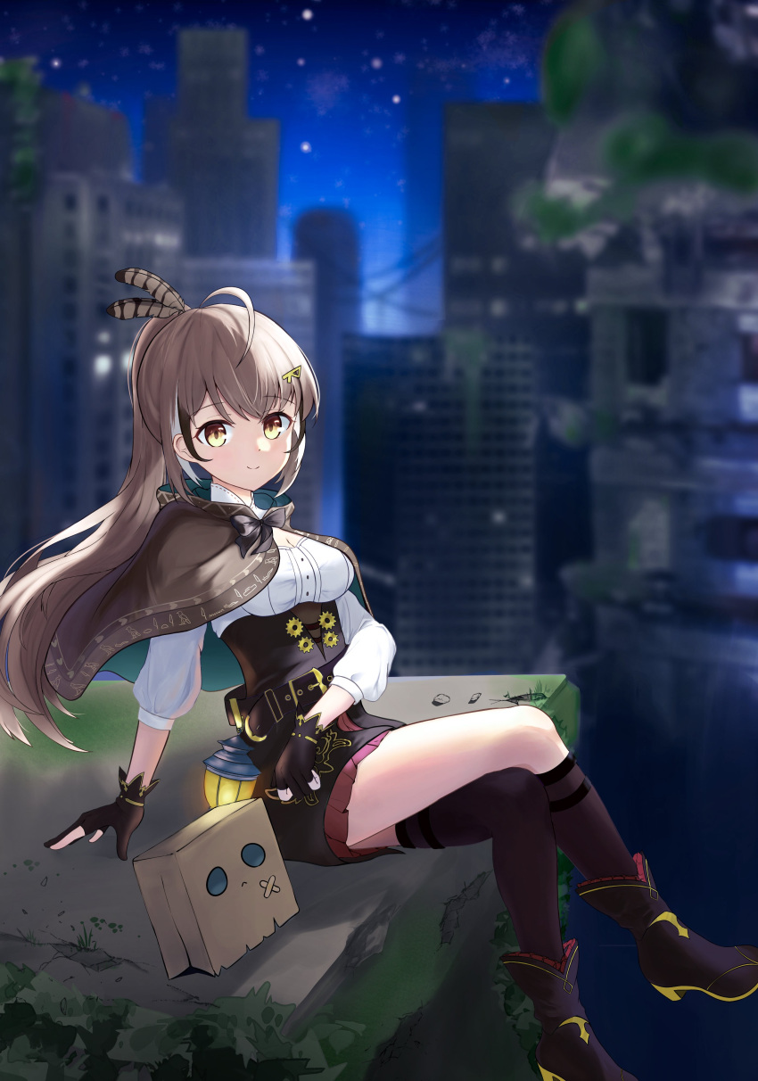 1girl absurdres ahoge ankle_boots asymmetrical_legwear bangs belt boots brown_capelet brown_cloak brown_corset brown_eyes brown_hair cape capelet cityscape cloak corset feather_hair_ornament feathers foliage friend_(nanashi_mumei) gloves hair_ornament hairclip highres hololive hololive_english knee_strap kneehighs ladeka lantern long_hair looking_at_viewer multicolored_hair nanashi_mumei night partially_fingerless_gloves pleated_skirt ponytail red_skirt ribbon shirt single_kneehigh single_sock single_thighhigh sitting skirt sky smile socks star_(sky) starry_sky streaked_hair thigh-highs thigh_strap very_long_hair virtual_youtuber white_shirt