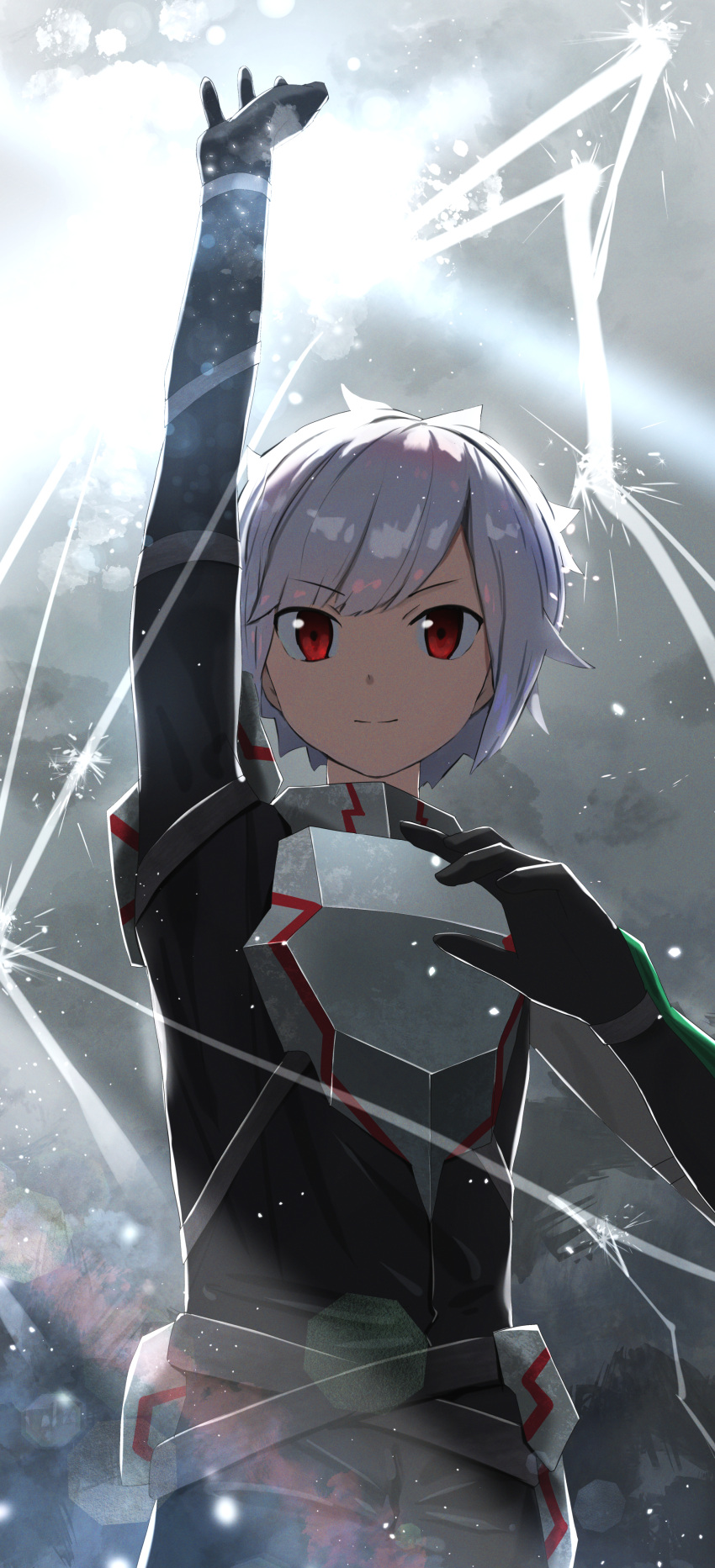 1boy absurdres arm_up armor bell_cranel black_gloves black_shirt dungeon_ni_deai_wo_motomeru_no_wa_machigatteiru_darou_ka elbow_gloves gloves grey_background hidulume highres lens_flare long_sleeves looking_at_viewer magic male_focus red_eyes shirt short_hair white_hair