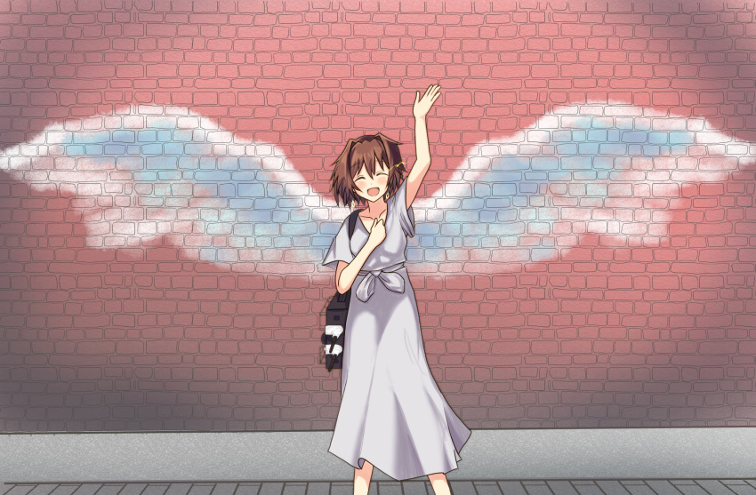 1girl adapted_turret brick_wall brown_hair cannon closed_eyes dress furutaka_(kancolle) graffiti grey_dress highres kantai_collection official_alternate_costume open_mouth short_hair short_sleeves solo standing y_ko-nu_t