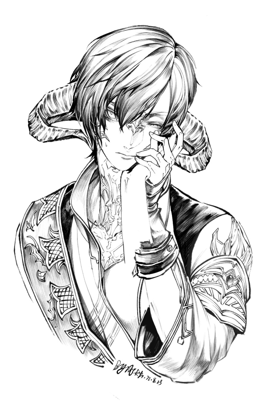 1boy au_ra bangs chinese_commentary collared_shirt commentary_request cropped_torso curled_horns dated detached_sleeves disembodied_limb dragon_horns final_fantasy final_fantasy_xiv gloves greyscale half_gloves hand_grab hand_on_another's_cheek hand_on_another's_face hand_up highres horns lineart looking_to_the_side male_focus monochrome one_eye_closed out_of_frame portrait pov pov_hands sash scales shirt short_hair shoulder_sash sideways_glance signature simple_background solo_focus swept_bangs varshahn white_background zhan_zhu