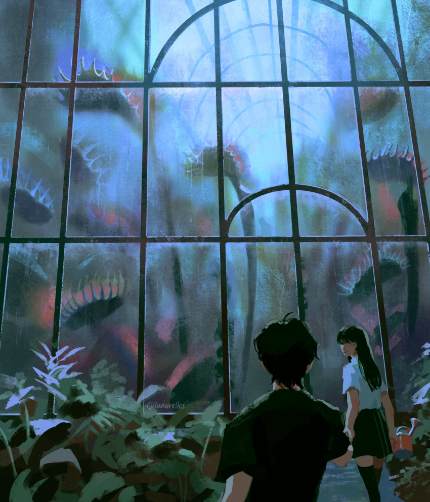 ahoge black_hair black_shirt black_skirt black_thighhighs closed_mouth greenhouse highres holding holding_hands holding_watering_can horror_(theme) looking_at_another lunarelles original oversized_plant painterly plant shirt skirt smile t-shirt thigh-highs transparent twitter_username venus_flytrap walking watering_can