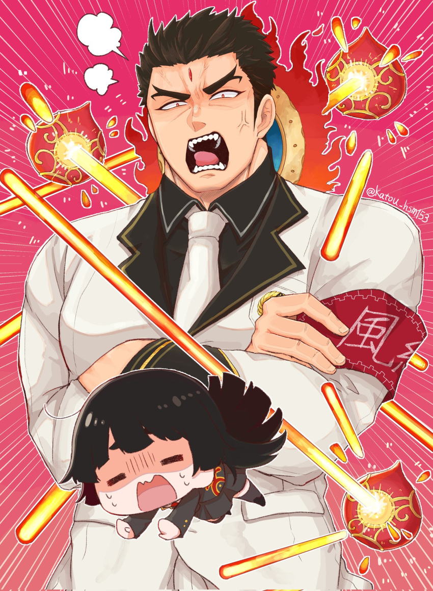 1boy 1girl aizen_(housamo) anger_vein angry armband black_hair black_shirt chibi closed_eyes collared_shirt commentary_request emphasis_lines facial_mark fangs fangs_out floating floating_object forehead_mark formal full_body highres katou_hsm153 laser long_hair long_sideburns looking_at_viewer master_2_(housamo) muscular muscular_male necktie open_mouth pink_background red_eyes school_uniform shaded_face shirt short_hair sideburns skirt suit sweatdrop thick_eyebrows tokyo_afterschool_summoners twitter_username upper_body white_necktie white_suit