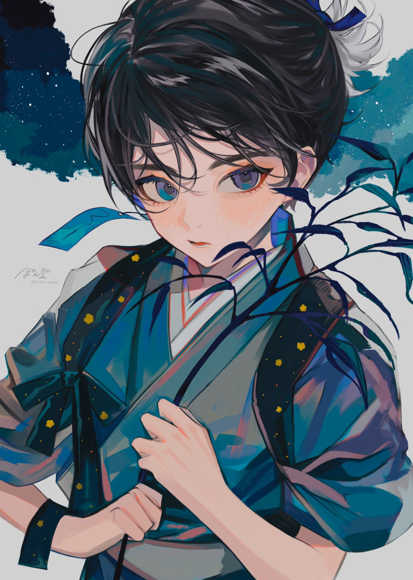 1boy androgynous black_hair blue_eyes blush commentary_request earrings festival hair_between_eyes highres holding holding_plant japanese_clothes jewelry kimono looking_at_viewer lower_teeth male_focus multicolored_clothes open_mouth original otoko_no_ko plant ponn_mame short_hair short_sleeves simple_background single_earring solo tanabata teeth