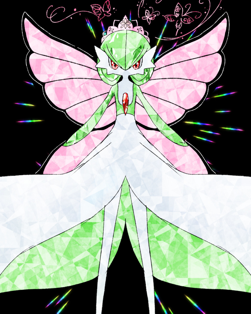 1girl bangs black_background bob_cut bug butterfly colored_skin commentary_request flat_chest gardevoir green_hair green_skin hair_between_eyes highres legs looking_at_viewer muguet multicolored_skin partial_commentary pink_headwear pink_wings pokemon pokemon_(creature) red_eyes short_hair solo standing straight-on tiara two-tone_skin white_skin wings