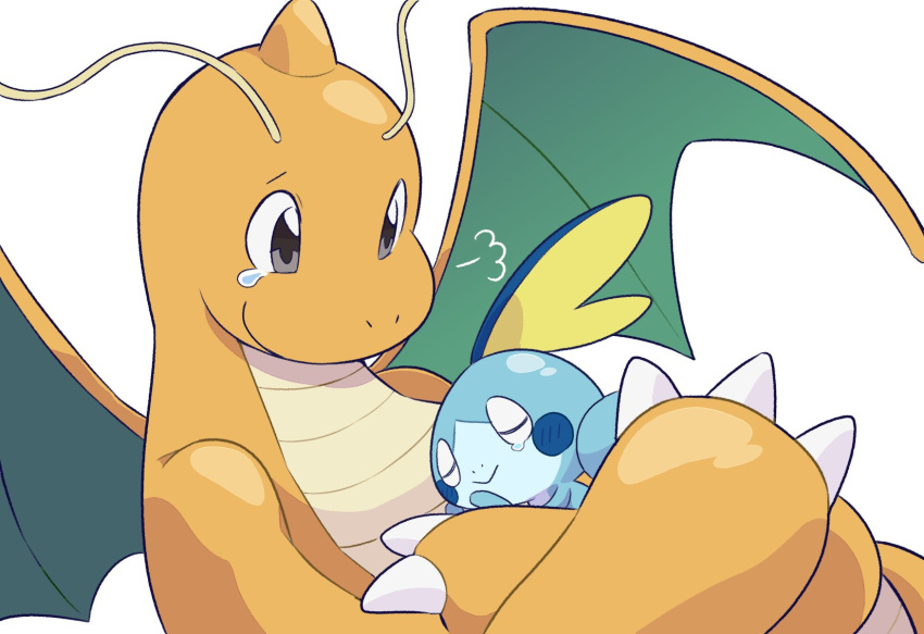 :&gt; =3 claws closed_eyes closed_mouth commentary_request dragonite grey_eyes highres holding holding_pokemon koke_ojisan no_humans pokemon pokemon_(creature) simple_background smile sobble tearing_up white_background