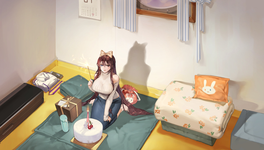 1girl animal_print bare_shoulders blue_curtain blue_eyes blue_skirt bow box breasts brown_hair bunny_print cake calendar_(object) candle candlelight clothing_cutout cropped_sweater curtains dog_tags fireworks floral_print folded_clothes food full_body futon game_cg gift gift_box hair_between_eyes hair_bow hair_ribbon hand_on_own_thigh headband heart heterochromia highres holding_fireworks huge_breasts indoors last_origin letter long_hair long_skirt long_sleeves looking_at_viewer military military_uniform official_alternate_costume official_art open_bag open_mouth pencil_skirt pillow porthole red_eyes ribbed_sweater ribbon rorobomb seiza shadow shoulder_cutout sitting skirt smile socks solo sparkler sweater tachi-e thermos turtleneck turtleneck_sweater uniform valkyrie_(last_origin) very_long_hair weapon_case white_curtains white_socks white_uniform window yellow_ribbon