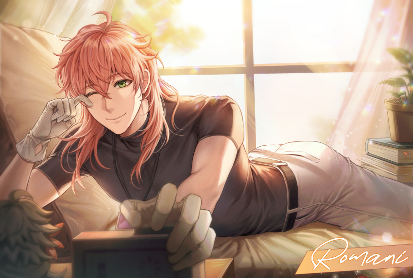 1boy ;) absurdres arched_back bed_sheet black_shirt brown_hair closed_mouth day fate/grand_order fate_(series) flower_pot gloves green_eyes highres long_hair lying male_focus on_bed on_stomach one_eye_closed pants pillow romani_archaman shiny shiny_hair shirt short_sleeves smile solo straight_hair ubi_(ekdus6080) white_gloves white_pants