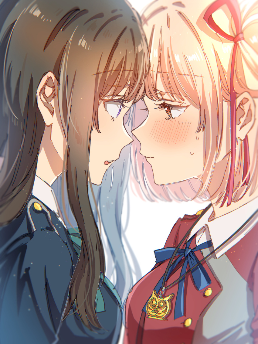 2girls absurdres aqua_ribbon black_hair blonde_hair blue_jacket blue_ribbon blurry blush breasts buttons closed_mouth collared_shirt commentary_request depth_of_field face-to-face from_side hair_ribbon highres inoue_takina jacket jewelry light_particles long_hair looking_at_another lycoris_recoil lycoris_uniform medium_breasts multiple_girls neck_ribbon necklace nishikigi_chisato one_side_up orange_eyes parted_lips pendant profile red_jacket red_ribbon ribbon rococomm123 shirt short_hair sidelocks simple_background sweatdrop teeth upper_body upper_teeth violet_eyes white_background white_shirt yuri