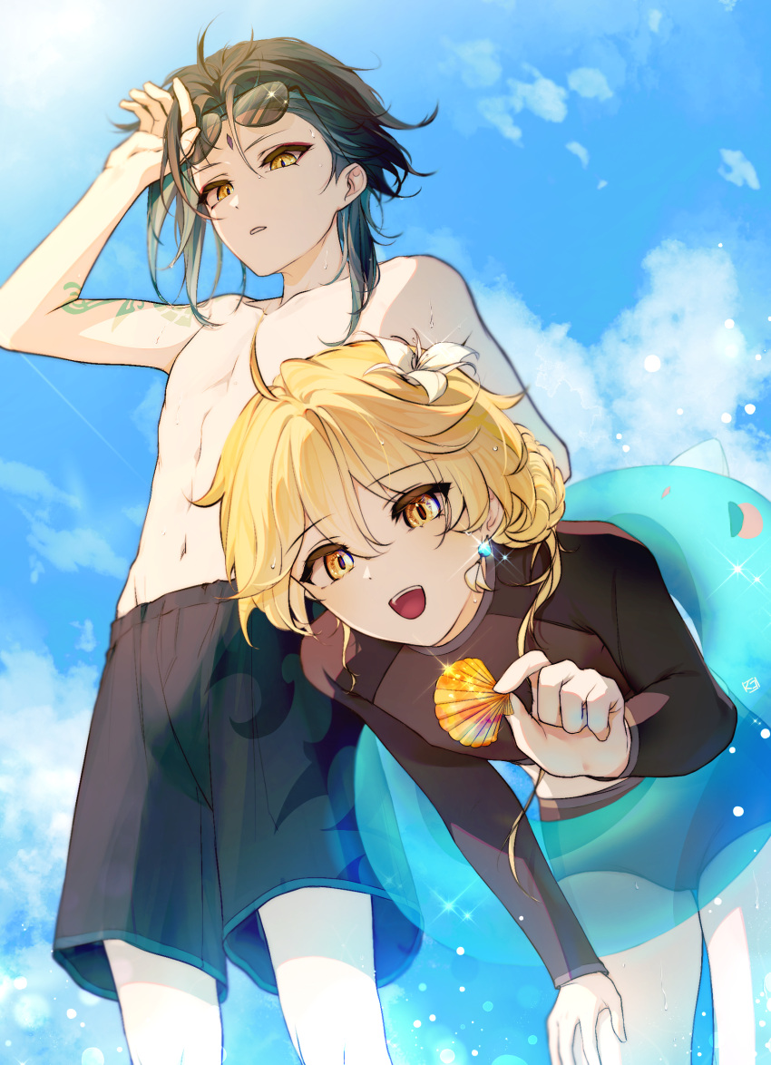 2boys :d absurdres aether_(genshin_impact) alternate_hairstyle arm_tattoo arm_up bangs bare_shoulders bent_over bishounen black_shirt black_shorts blonde_hair blue_sky braid braided_bun clam_shell clouds collarbone commentary_request day earrings eyelashes eyeshadow eyewear_removed facial_mark flower forehead_mark genshin_impact glint green_hair hair_between_eyes hair_bun hair_flower hair_ornament hand_up highres holding holding_shell innertube jewelry kuko_(geeeee_ss) long_sleeves looking_at_viewer looking_down makeup male_focus male_swimwear multiple_boys navel open_mouth outdoors parted_bangs parted_lips rash_guard red_eyeshadow seashell shell shirt short_hair_with_long_locks shorts single_earring sky smile standing stomach sunglasses swim_trunks tattoo teeth upper_teeth wet wet_hair white_flower xiao_(genshin_impact) yellow_eyes