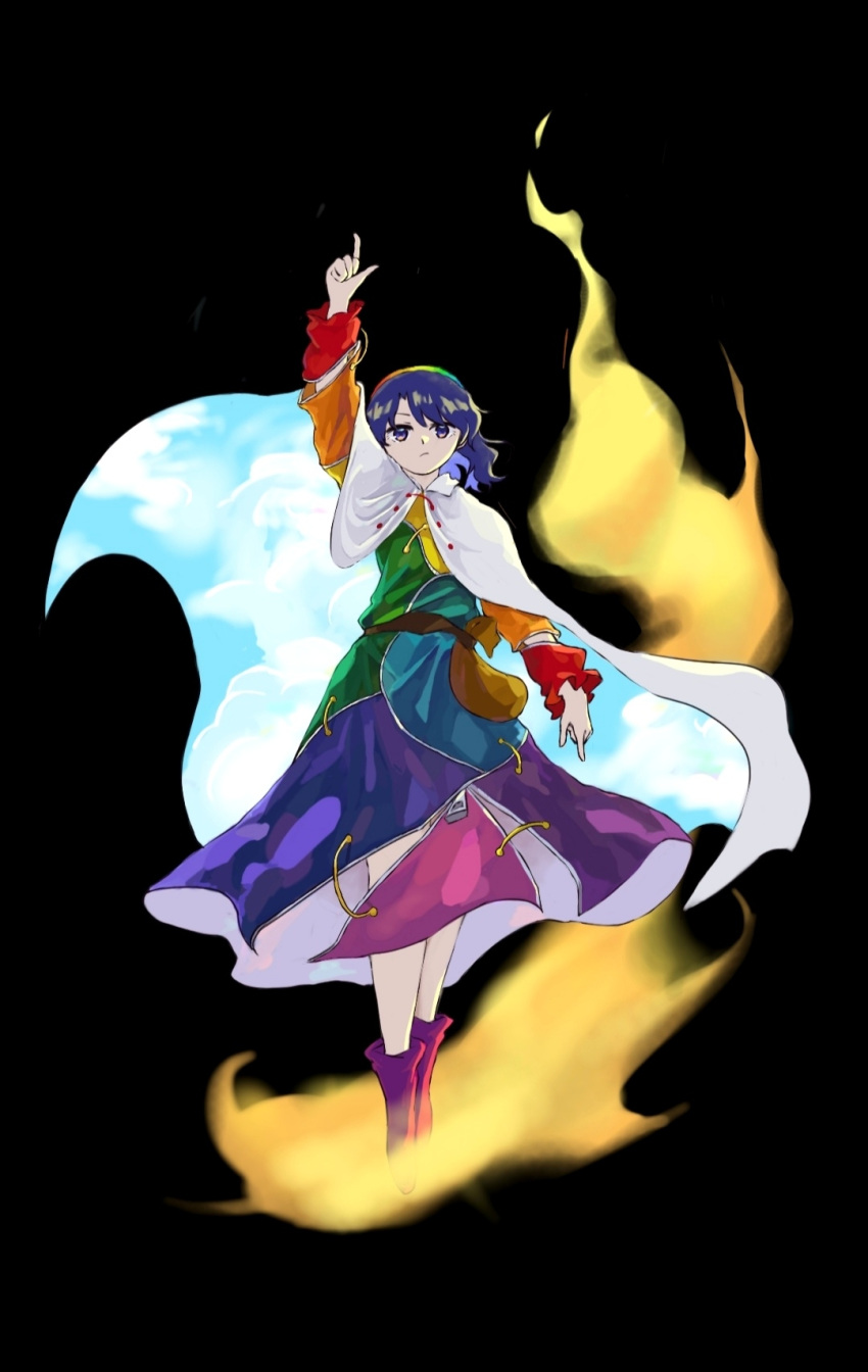 1girl arm_up black_background blue_eyes blue_hair boots cloak closed_mouth dress hairband highres index_fingers_raised long_sleeves luhua_xiedai multicolored_clothes multicolored_dress multicolored_hairband patchwork_clothes purple_footwear rainbow_gradient short_hair simple_background sky_print solo tenkyuu_chimata touhou white_cloak