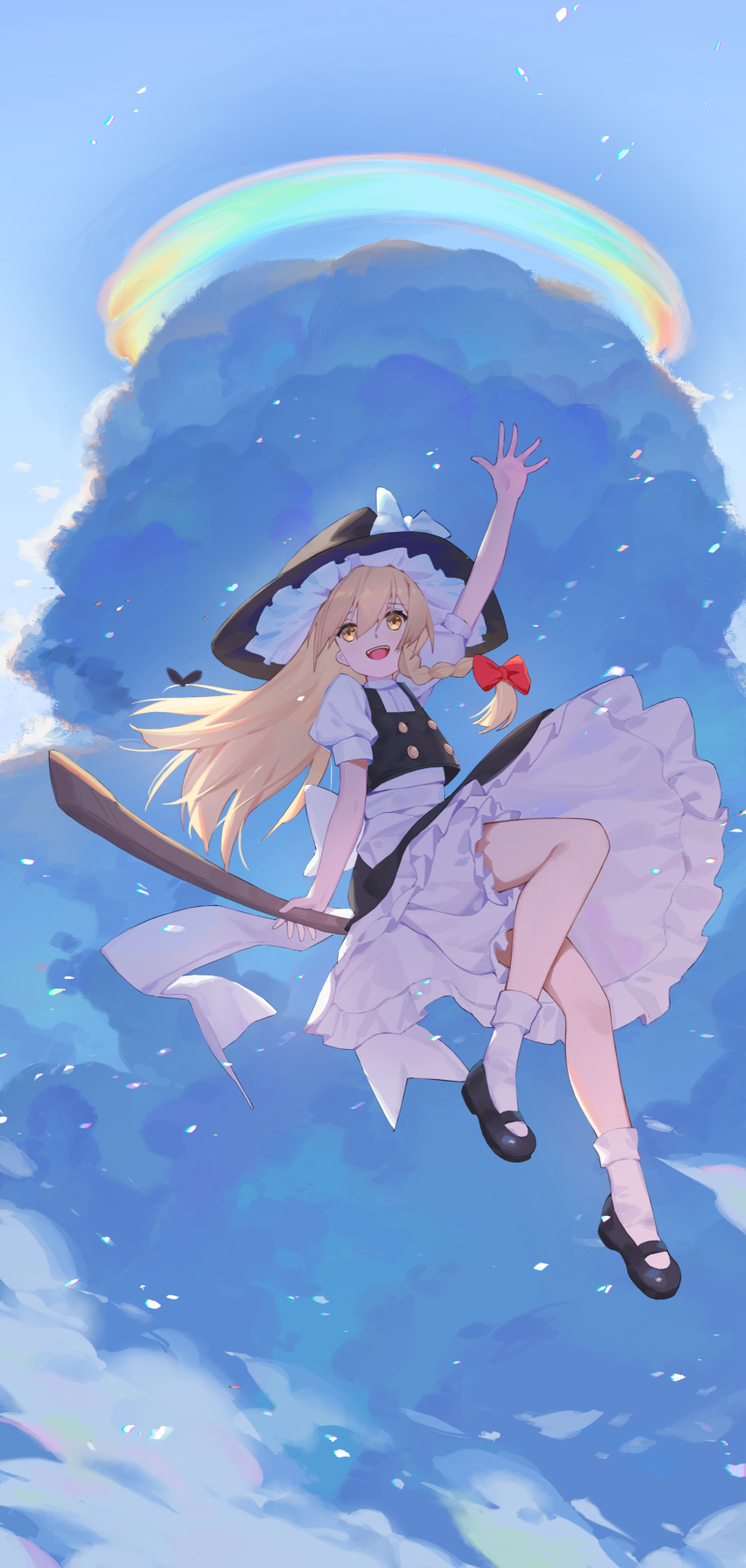 1girl :d absurdres ame_(2453323719) arm_up back_bow black_footwear black_headwear black_skirt black_vest blonde_hair bloomers bow braid broom broom_riding buttons chinese_commentary clouds commentary day full_body hair_between_eyes hair_bow hat hat_bow highres kirisame_marisa long_hair looking_at_viewer mary_janes open_mouth photo-referenced pileus_cloud puffy_short_sleeves puffy_sleeves rainbow_gradient red_bow shirt shoes short_sleeves single_braid skirt skirt_set sky smile socks solo teeth touhou underwear upper_teeth vest waving white_bloomers white_bow white_shirt white_socks witch_hat yellow_eyes
