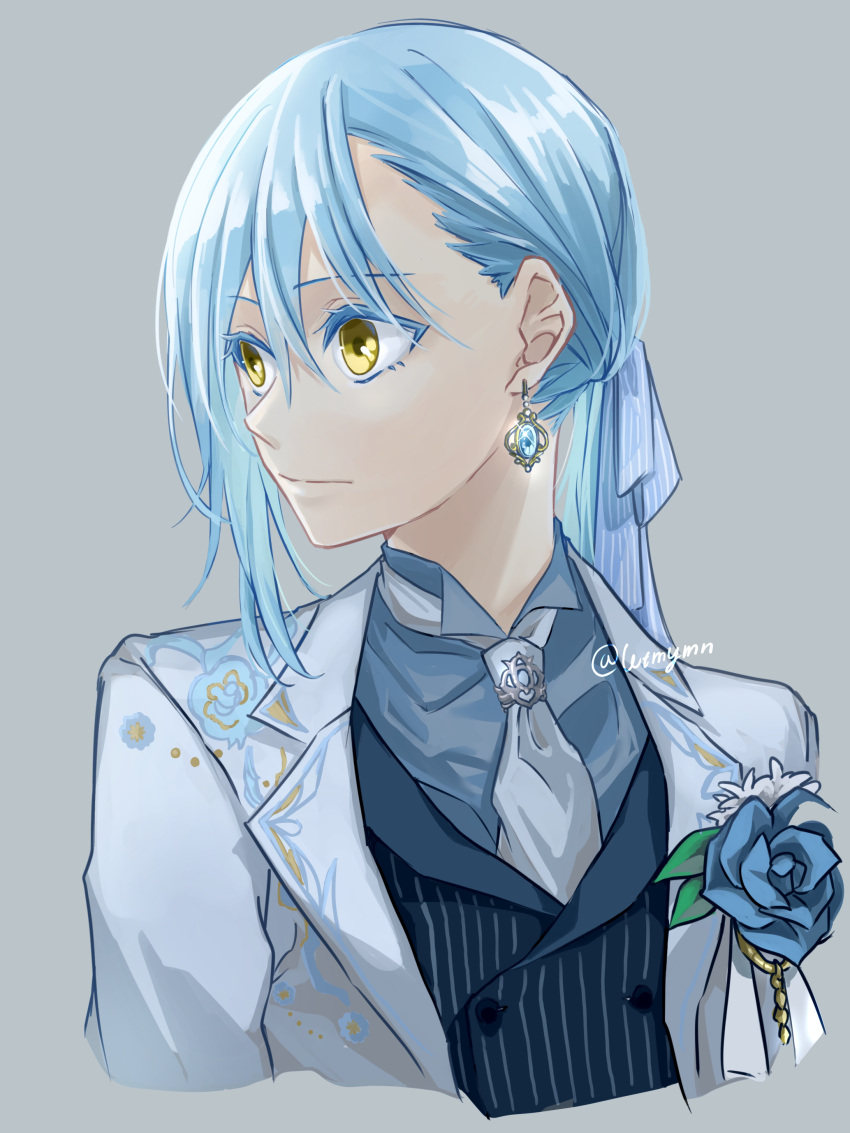 1other absurdres androgynous asymmetrical_bangs bangs black_vest blue_flower blue_gemstone blue_hair blue_rose closed_mouth colored_eyelashes cropped_torso earrings flower gem grey_background grey_necktie grey_shirt highres jacket jewelry long_hair necktie open_clothes open_jacket rimuru_tempest rose shiny shiny_hair shirt simple_background sparkle striped striped_vest tensei_shitara_slime_datta_ken twitter_username vertical-striped_vest vertical_stripes vest wata_miya_(shiro_momen) white_jacket yellow_eyes