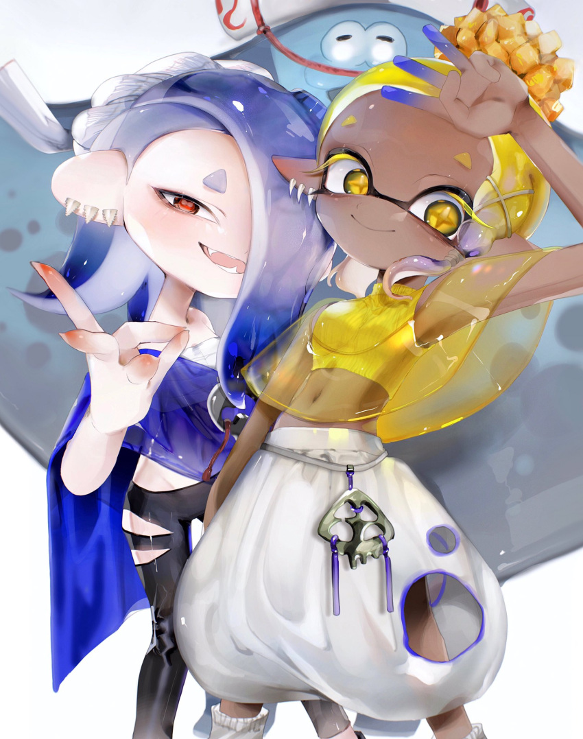 1boy 2girls :d big_man_(splatoon) black_pants blonde_hair blue_hair blue_skin cephalopod_eyes chest_sarashi closed_mouth clothing_cutout colored_eyelashes colored_skin crop_top cross-shaped_pupils dark-skinned_female dark_skin earrings food food_on_head forehead frye_(splatoon) gradient_hair gradient_skin groin hachimaki hair_over_one_eye harem_pants headband highres hokkamuri horizontal_pupils jewelry kaisou_mekabu long_hair looking_at_viewer lowleg lowleg_pants manta_ray multicolored_hair multicolored_skin multiple_earrings multiple_girls navel nejiri_hachimaki object_on_head octarian pants pink_pupils pointy_ears poncho purple_hair red_eyes red_skin sarashi see-through shiver_(splatoon) simple_background sleeveless smile splatoon_(series) splatoon_3 suction_cups tempura tentacle_hair two-tone_hair two-tone_skin white_background white_pants yellow_crop_top yellow_eyes