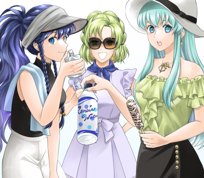 3girls alternate_costume aqua_eyes aqua_hair bangs bare_shoulders black_shirt blue_eyes blue_hair bottle braid dress earrings eirika_(fire_emblem) fire_emblem fire_emblem:_the_sacred_stones food green_eyes green_tapir hat highres holding holding_bottle holding_food jewelry l'arachel_(fire_emblem) long_hair looking_at_viewer multiple_girls nail_polish necklace open_mouth pants ponytail popsicle shirt sidelocks sleeveless sleeveless_shirt sunglasses tana_(fire_emblem) twin_braids visor_cap water_bottle white_background white_dress white_headwear white_pants