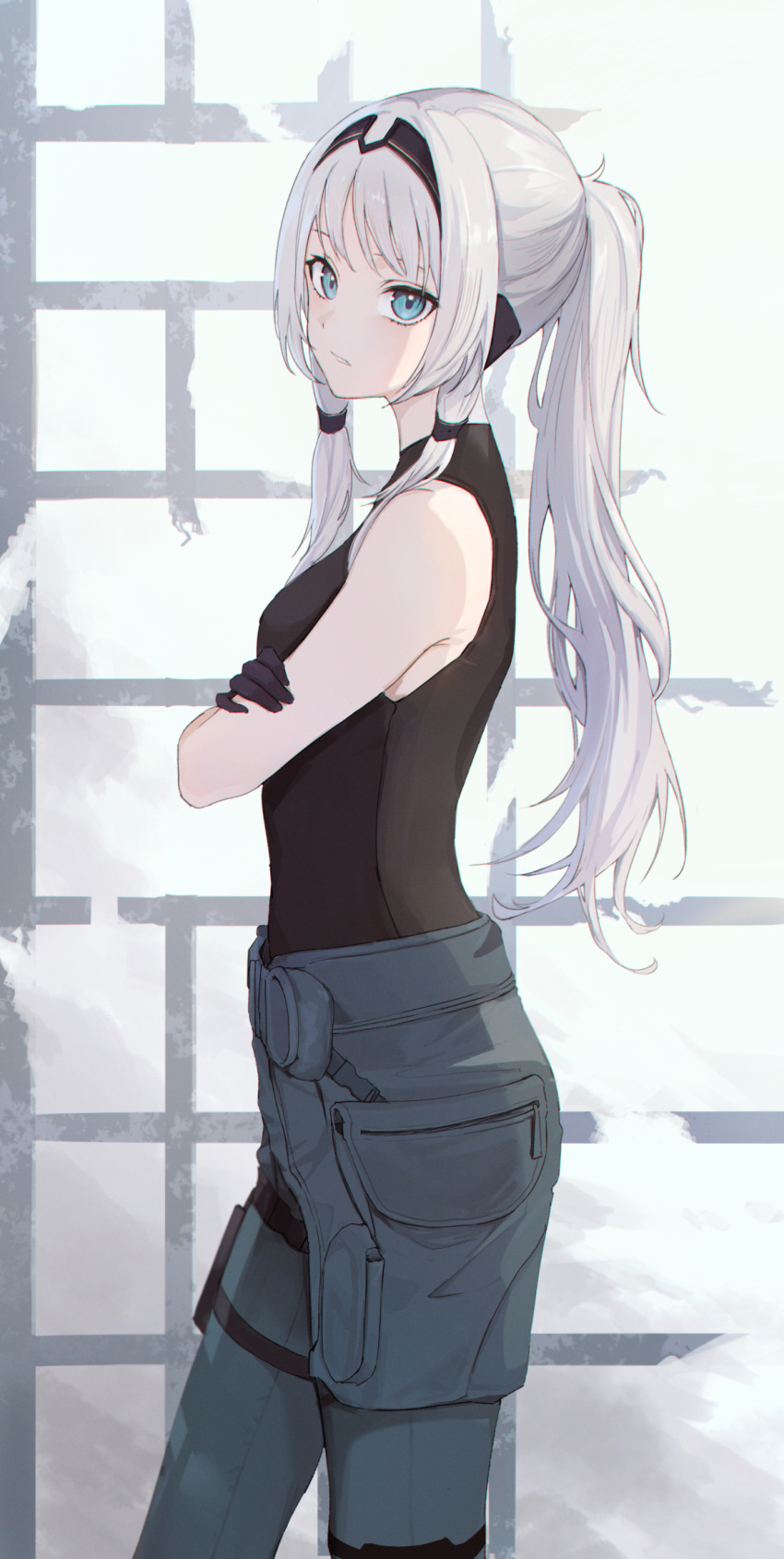 1girl an-94_(girls'_frontline) aqua_eyes armpit_crease bangs black_gloves black_hairband black_shirt closed_mouth commentary_request crossed_arms denim dot_nose from_side girls_frontline gloves hair_tie hairband highres jeans long_hair looking_at_viewer pants pocket ponytail shichi_(ratorin53) shirt sidelocks sleeveless sleeveless_shirt solo standing thigh_strap turning_head white_hair