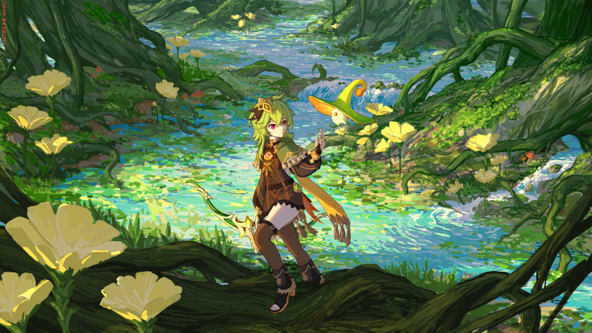 1girl absurdres ahoge bangs black_footwear boots bow_(weapon) bridal_gauntlets brown_dress brown_thighhighs cape capelet chinese_commentary closed_mouth collei_(genshin_impact) commentary_request crossed_bangs dress eyelashes flower forest full_body fungi_(genshin_impact) genshin_impact grass green_capelet green_hair hair_between_eyes hair_ornament hand_up high_heel_boots high_heels highres holding holding_bow_(weapon) holding_weapon jungle long_hair long_sleeves looking_to_the_side mushroom nature orange_ribbon puffy_long_sleeves puffy_sleeves ribbon rock roots scenery sidelocks solo standing stream tassel thigh-highs toeless_footwear tree violet_eyes vision_(genshin_impact) water weapon yellow_cape yellow_flower yitaizhimeng