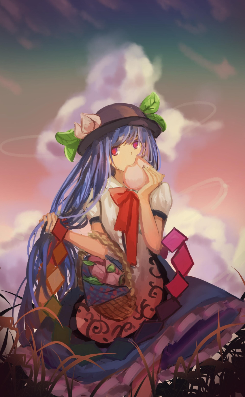 1girl absurdres basket black_headwear blue_hair blue_skirt food food-themed_hat_ornament frilled_skirt frills fruit fruit_hat_ornament hat hat_ornament highres hinanawi_tenshi holding holding_food holding_fruit long_hair peach red_eyes shirt short_sleeves skirt sly930105 solo touhou white_shirt