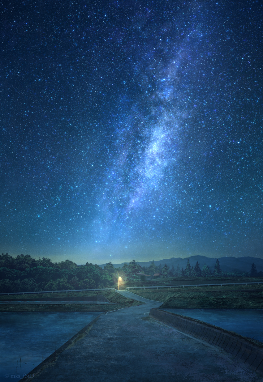 artist_name commentary_request guard_rail highres lamppost mks mountain night night_sky no_humans original outdoors rural scenery sky star_(symbol) watermark