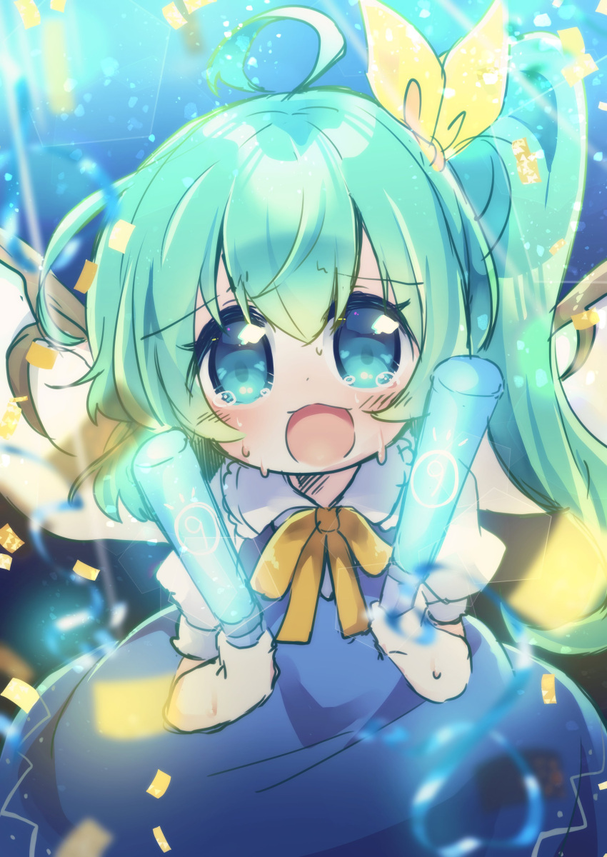 1girl absurdres ahoge blue_dress blue_eyes blush daiyousei dress fairy fairy_wings glowstick green_hair hair_between_eyes highres holding holding_glowstick long_hair matatabi_(nigatsu) open_mouth puffy_short_sleeves puffy_sleeves shirt short_sleeves side_ponytail solo touhou white_shirt wings