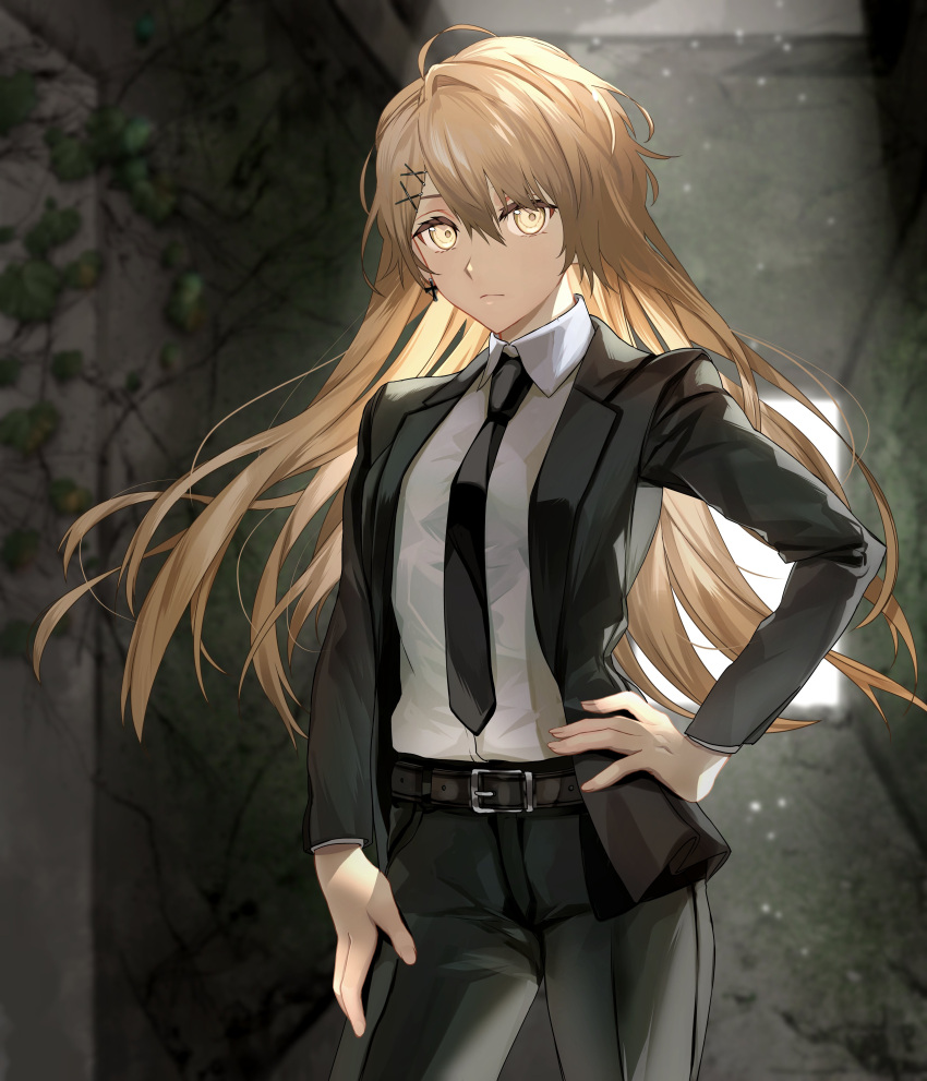 1girl absurdres alternate_costume belt collared_shirt commission cowboy_shot dress_shirt expressionless formal girls_frontline hand_on_hip highres hitotsuyama_jitan light_brown_hair long_hair looking_at_viewer necktie ppk_(girls'_frontline) shirt shirt_tucked_in skeb_commission solo suit very_long_hair yellow_eyes