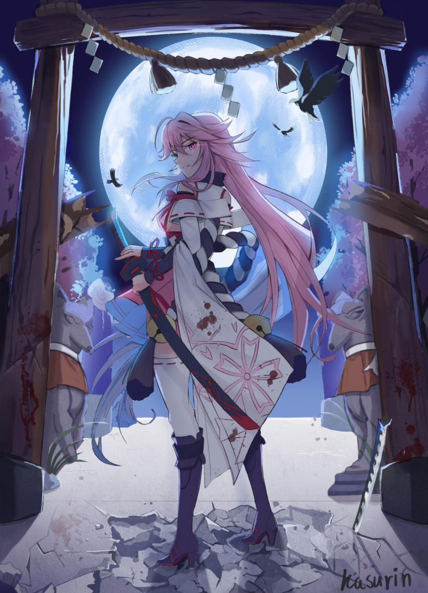 1girl artist_name bangs bare_shoulders boots cherry_blossoms closed_mouth detached_sleeves full_body full_moon highres holding holding_sword holding_weapon honkai_(series) honkai_impact_3rd japanese_clothes kasurin katana knee_boots long_hair looking_at_viewer looking_back miko moon night night_sky outdoors pink_eyes planted planted_sword purple_footwear sheath sheathed sky solo standing sword thigh-highs tree weapon white_sleeves white_thighhighs yae_sakura yae_sakura_(gyakushinn_miko)