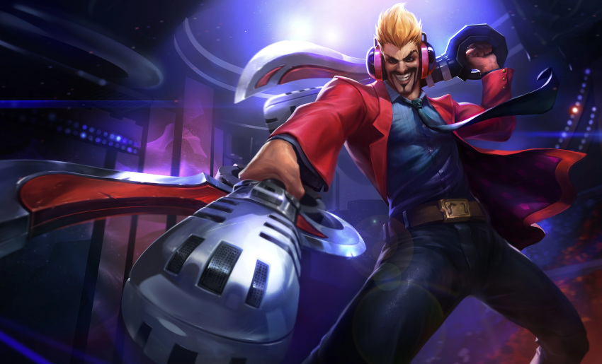 absurdres alternate_costume artist_request axe black_eyes black_hair blonde_hair coat collared_coat collared_shirt draven facial_hair feet_out_of_frame headphones highres league_of_legends leather leather_belt looking_at_viewer microphone multicolored_hair muscular muscular_male mustache necktie non-web_source official_art open_clothes open_coat over_shoulder pants primetime_draven shirt smile spiky_hair studio teeth weapon weapon_over_shoulder