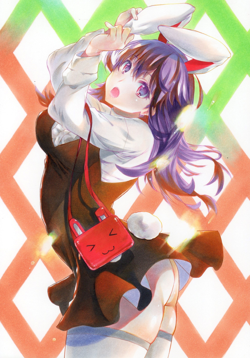 1girl absurdres animal_ears arched_back arms_up ass bag bangs black_dress breasts commentary_request dress fake_tail handbag highres large_breasts long_hair long_sleeves looking_at_viewer marker_(medium) open_mouth purple_hair rabbit_ears red_eyes reisen_udongein_inaba rozarin shirt solo standing tail thigh-highs touhou traditional_media white_shirt wind wind_lift