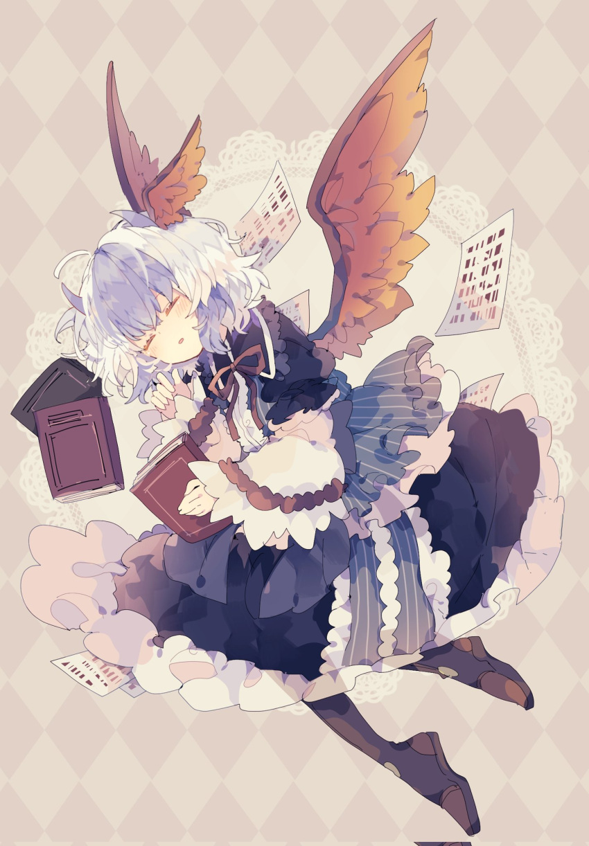 1girl argyle argyle_background bird_wings black_dress blue_hair book center_frills closed_eyes dress feathered_wings frilled_dress frills full_body grey_hair head_wings highres holding holding_book horns long_sleeves multicolored_hair nikorashi-ka paper parted_lips red_ribbon red_wings ribbon short_hair solo tokiko_(touhou) touhou two-tone_hair wide_sleeves wings