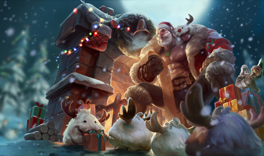 2boys abs beard blurry blurry_background boots box braum_(league_of_legends) cape christmas christmas_ornaments crowgod facial_hair gift gift_box gloves hat highres horns jewelry league_of_legends leather leather_pants light light_rays looking_to_the_side male_focus manly mature_male multiple_boys muscular muscular_male necklace no_shirt official_art open_mouth outdoors pants pectorals pine_tree poro_(league_of_legends) reading santa_braum santa_costume santa_hat snow snowing tongue tongue_out tree wood