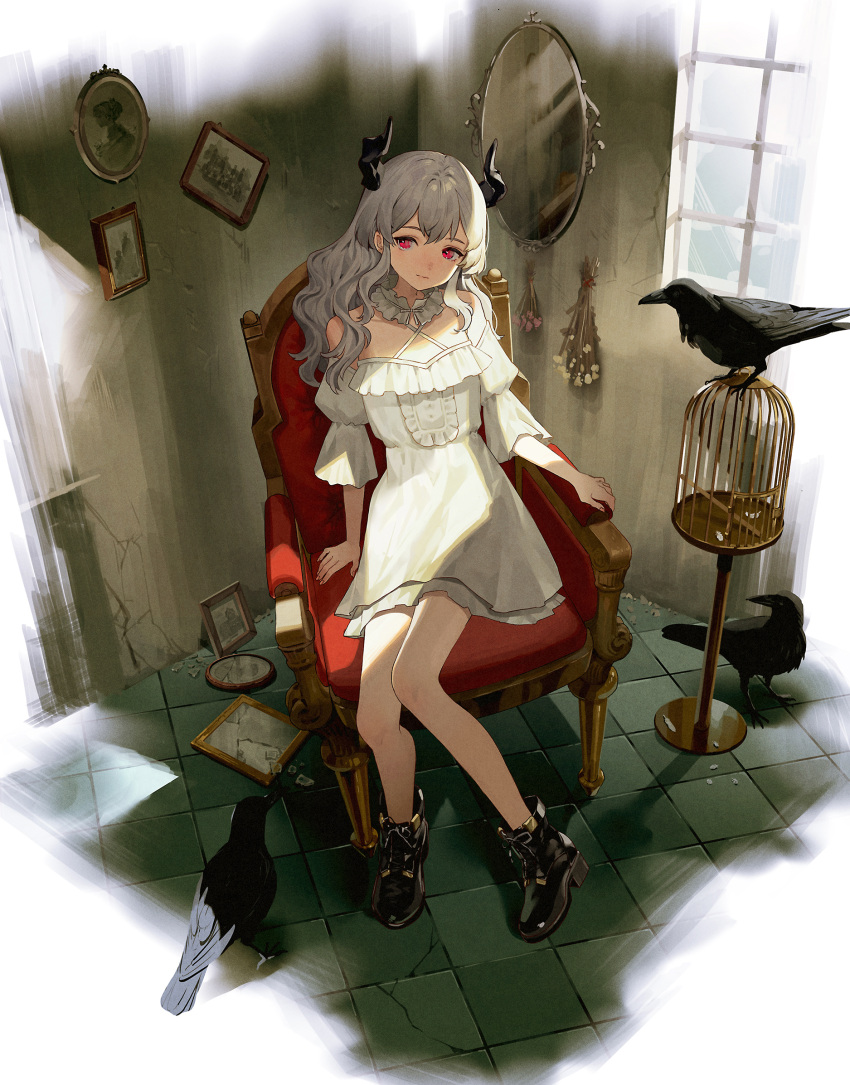 1girl bird birdcage black_footwear boots broken_glass cage chair crow dress glass grey_hair highres horns indoors long_hair mirror original red_eyes sitting takenoko_(531) thigh-highs white_dress white_thighhighs window