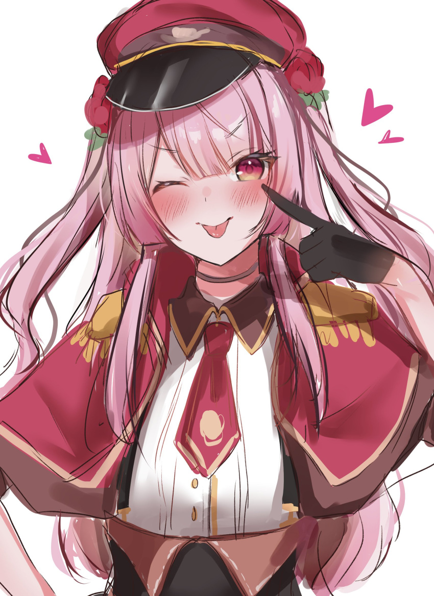 1girl :p absurdres black_gloves blush capelet english_commentary epaulettes flower gloves hat highres long_hair looking_at_viewer maru_ccy military_hat necktie nijisanji nijisanji_en official_alternate_costume one_eye_closed peaked_cap pink_eyes pink_hair red_capelet red_flower red_headwear red_necktie red_rose rose rosemi_lovelock shirt simple_background sketch smile solo suspenders tongue tongue_out upper_body virtual_youtuber white_background white_shirt