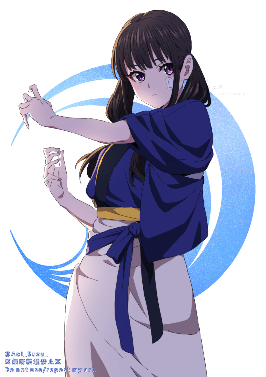 1girl aoi_suzu apron artist_name bandaid bandaid_on_cheek bandaid_on_face black_hair blue_kimono closed_mouth commentary_request highres inoue_takina japanese_clothes kimono long_hair looking_at_viewer lycoris_recoil sleeves_rolled_up solo twintails upper_body violet_eyes wide_sleeves