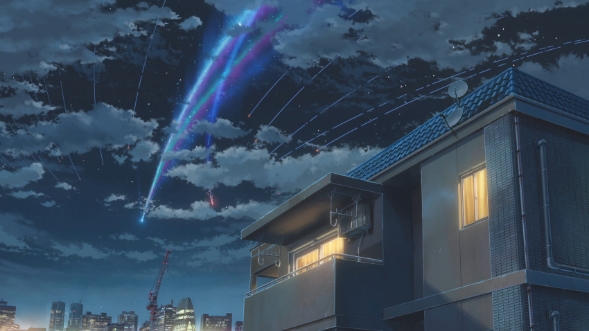 absurdres air_conditioner antennae architecture building cable city clouds cloudy_sky comet crane_(machine) highres house industrial_pipe japan kimi_no_na_wa. light night night_sky no_humans official_art pipeline satellite_dish shinjuku_(tokyo) shinkai_makoto sky star_(sky) tokyo_(city) window