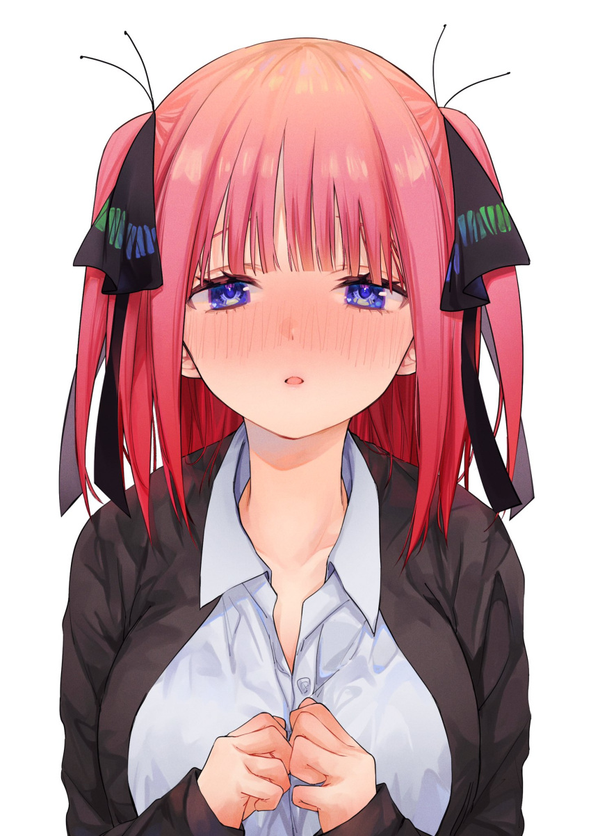 1girl bangs black_cardigan black_ribbon blue_eyes blunt_bangs blush breasts butterfly_hair_ornament cardigan collarbone eyebrows_hidden_by_hair go-toubun_no_hanayome hair_ornament half-closed_eyes hands_on_own_chest highres large_breasts looking_at_viewer memidesuyo nakano_nino open_cardigan open_clothes own_hands_together pink_hair puckered_lips raised_eyebrows ribbon school_uniform shirt simple_background sleeves_past_wrists twintails white_background white_shirt