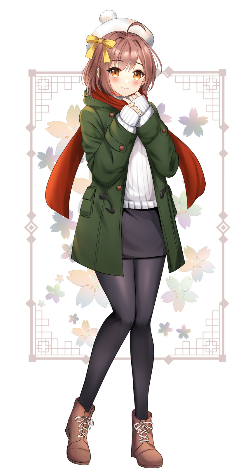 1girl absurdres beret black_pantyhose black_skirt boots bow brown_eyes brown_footwear brown_hair english_commentary green_jacket hair_behind_ear hair_bow hat highres hood hooded_jacket jacket miori_celesta pantyhose red_scarf ribbed_sweater rizuchi scarf second-party_source short_hair skirt sleeves_past_wrists smile solo sweater tsunderia virtual_youtuber white_headwear white_sweater yellow_bow
