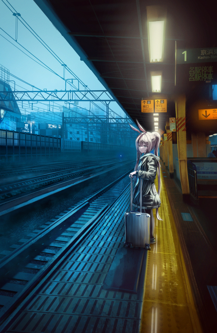 1girl absurdres amiya_(arknights) animal_ears arknights black_jacket blue_eyes brown_hair building ceiling_light commentary english_commentary highres holding holding_luggage jacket lit_for_20 long_hair long_sleeves looking_to_the_side luggage outdoors pantyhose ponytail power_lines rabbit_ears railroad_tracks reflection scenery solo standing suit_jacket train_station translation_request very_long_hair wide_shot