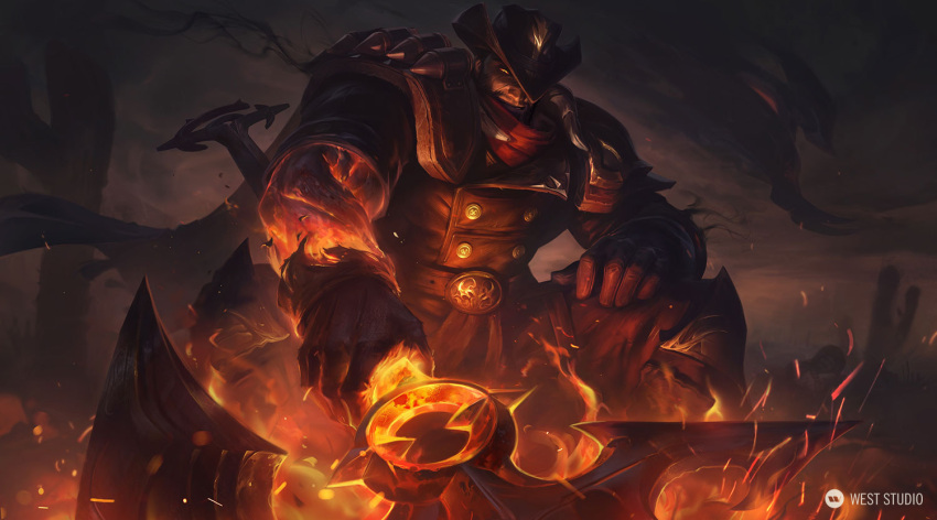 1boy alternate_costume artist_logo axe bad_source beard biceps boots darius_(league_of_legends) facial_hair fire flaming_hand gloves glowing glowing_eyes glowing_weapon hand_on_own_knee hat high_noon_darius jacket knee_pads league_of_legends leather leather_belt leather_boots leather_gloves leather_jacket looking_to_the_side male_focus manly mature_male muscular muscular_male night night_sky official_art one_eye_covered outdoors pants scarf shoulder_pads sitting sky slit_pupils solo sparks spread_legs weapon west_studio yellow_eyes