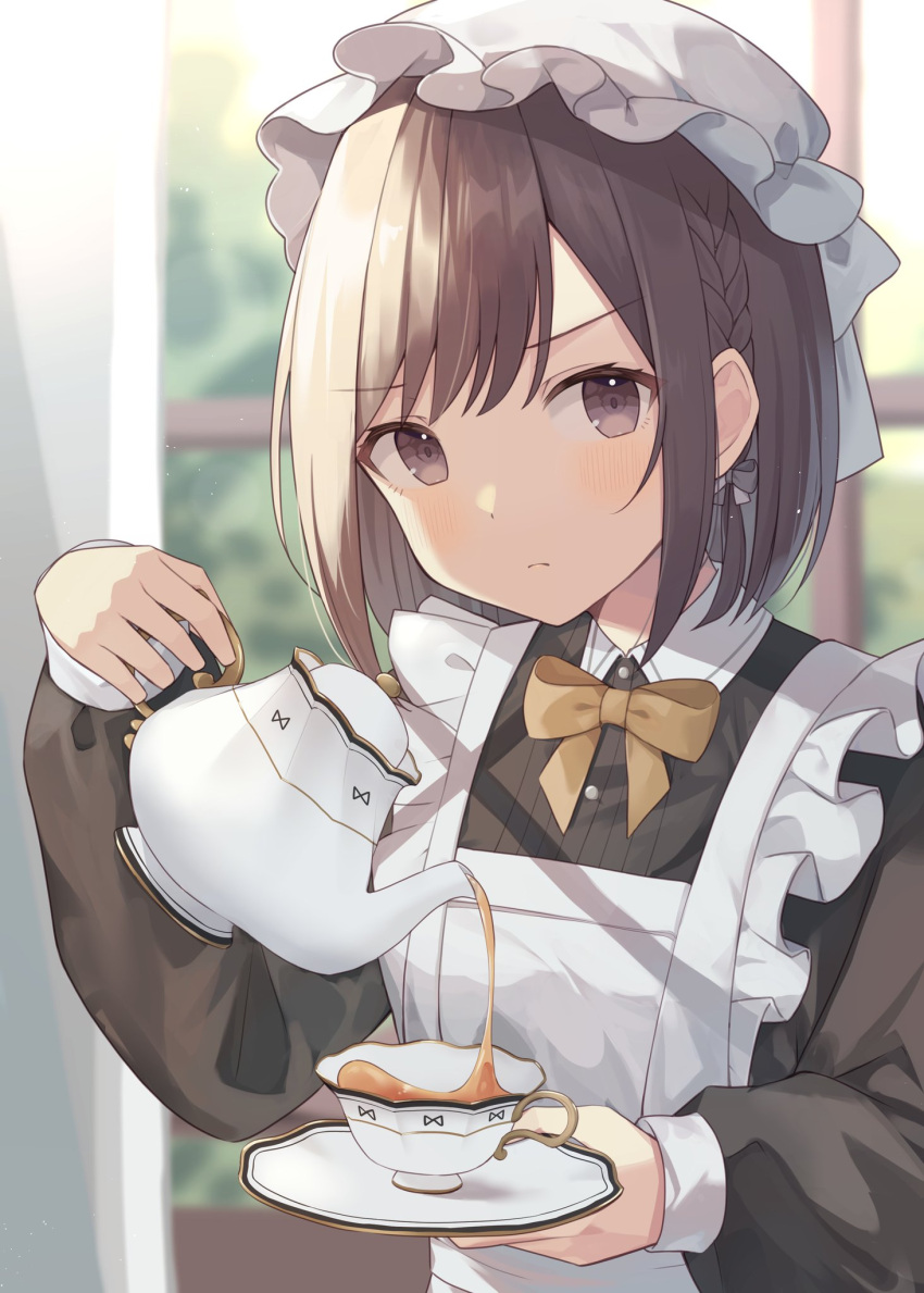 1girl alternate_costume amai_melo annoyed apron bangs blurry blurry_background blush bow bowtie brown_dress brown_eyes brown_hair bush commentary cup curtains dress enmaided frilled_apron frills frown hat highres holding holding_teapot indoors long_sleeves looking_at_viewer maid mob_cap pouring project_sekai saucer shinonome_ena short_hair sidelocks solo tea teacup teapot white_apron white_headwear window yellow_bow yellow_bowtie